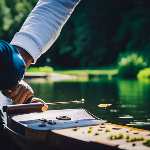 An image of a fly tier and an environmentalist working together to create a sustainable fly fishing lure, using natural materials and environmentally-friendly practices