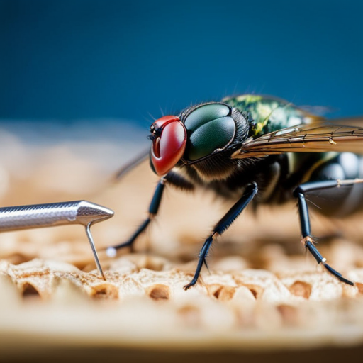 a close-up photo of a fly being tied, with the intricate details of the materials and tools used