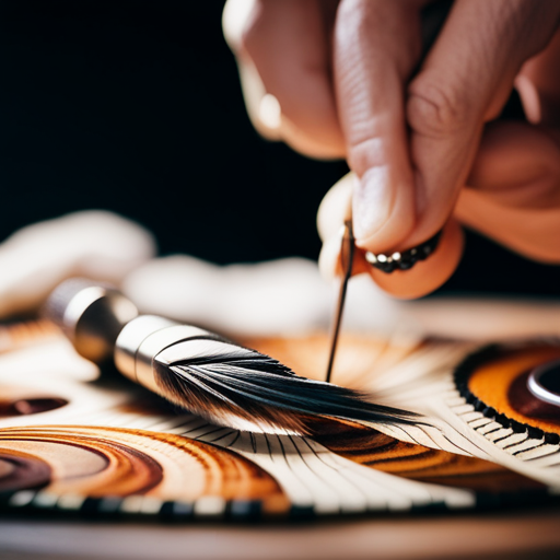 An image of an experienced fly tyer's hands meticulously wrapping intricate thread patterns around a hook, using a variety of feathers, fur, and beads, with precision and focus