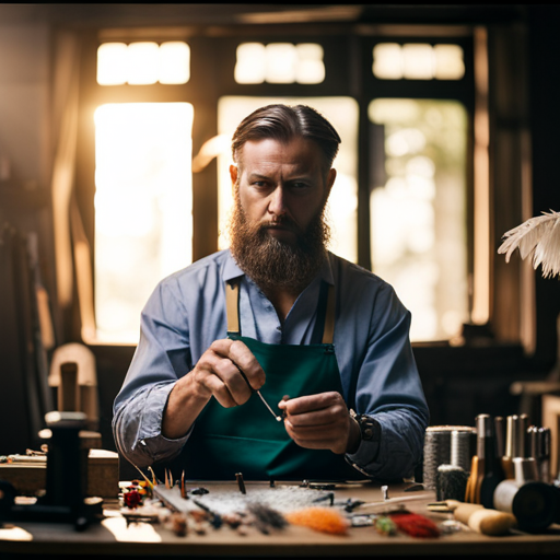 An image of a person at a workbench, using natural materials like feathers and fur to tie fishing flies