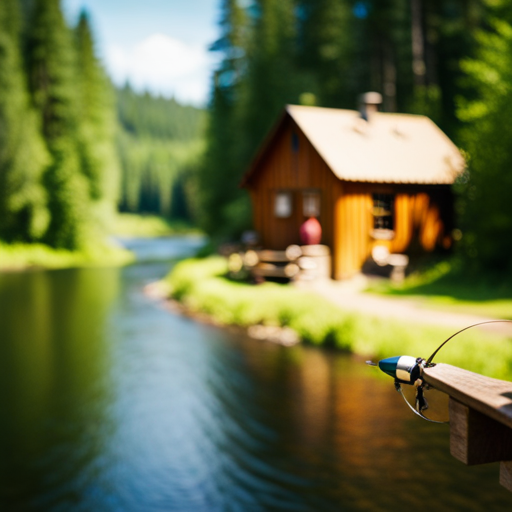 An image of a serene, wooded cabin nestled along a rushing river, with a group of fly fishermen gathered outside, tying flies and sharing stories