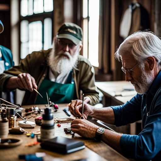 An image showcasing a hands-on fly tying workshop with participants gathered around a table, using colorful feathers, threads, and hooks