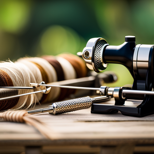 An image of a fly tying vise with feathers, thread, and hooks laid out on a wooden table, surrounded by a variety of freshwater fishing gear and a serene natural backdrop