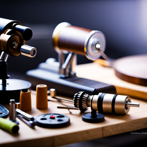 An image of a modern fly tying workstation with innovative tools and materials, showcasing high-tech vises, custom-molded synthetic materials, and precision tools for a blog post on the future of fly tying