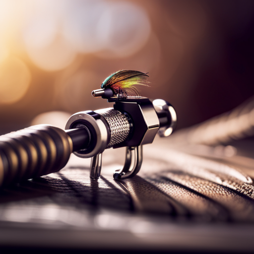 An image of a fly tying vise holding a small, intricate fly pattern with perfectly aligned feathers, thread, and beads