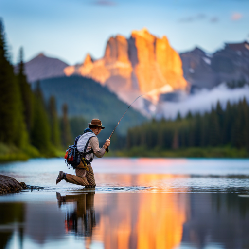 An image of a fly fisherman casting a perfectly tied fly into a crystal clear river, with the reflection of the fly visible on the water's surface and a fish leaping out of the water to bite it