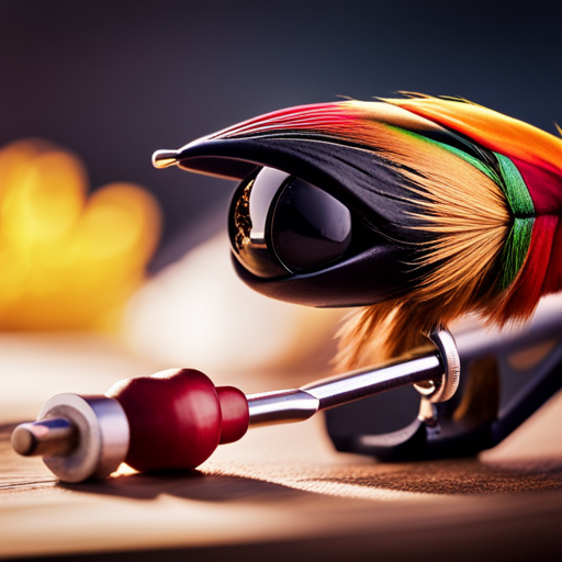 An image of a fly tying vice with colorful feathers, threads, and beads in a variety of vibrant hues