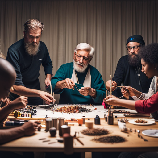 An image of a diverse group of people gathered around a table covered in feathers, hooks, and thread, each person focused and engaged in the art of fly tying