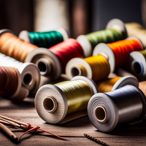 An image of a close-up of various spools of fly tying threads in different colors and textures, arranged neatly on a wooden table with natural light casting shadows