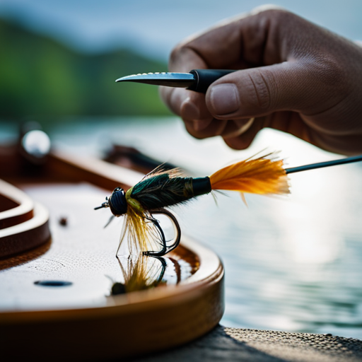 An image of a hand tying a fly fishing lure using biodegradable materials such as feathers, natural fibers, and eco-friendly glues