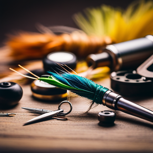 An image of a variety of vibrant, shimmering fly tying flash materials laid out on a wooden workbench, with tools and feathers in the background, showcasing the art of fly tying