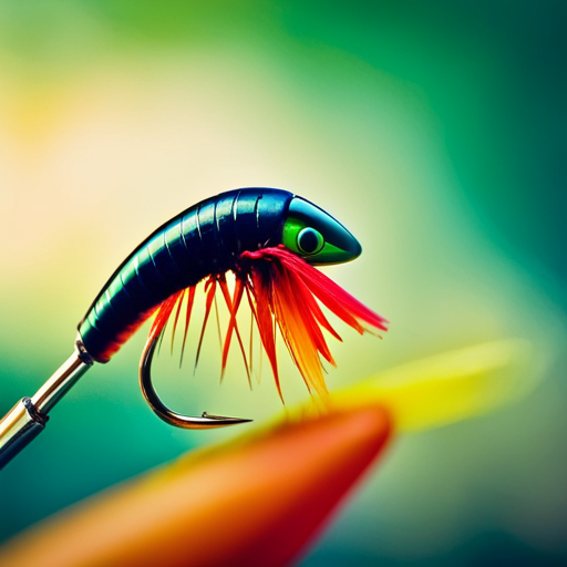 An image showing a close-up of a fly fishing lure tied with synthetic fibers in vibrant colors