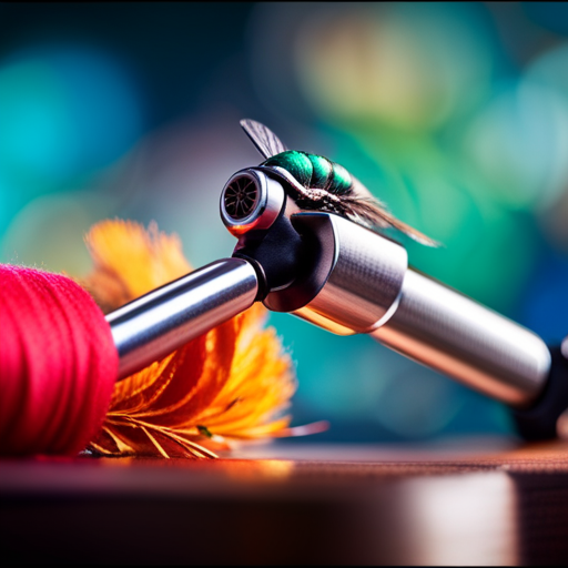 An image of a close-up shot of a fly tying vise, with colorful yarn and feathers in the background, showcasing the intricate art of fly tying